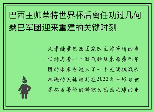 巴西主帅蒂特世界杯后离任功过几何桑巴军团迎来重建的关键时刻