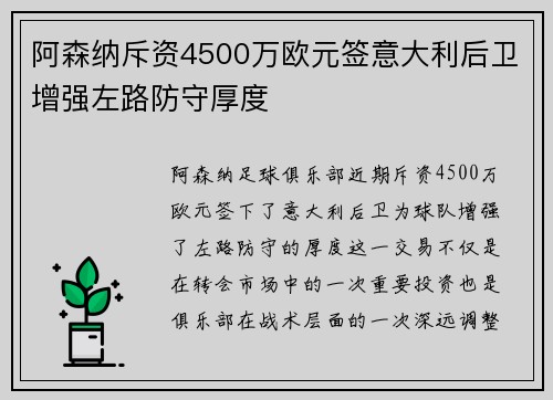 阿森纳斥资4500万欧元签意大利后卫增强左路防守厚度